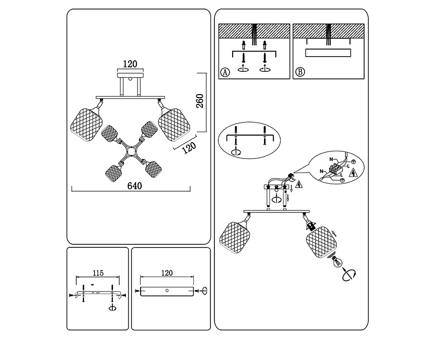 TR80177/4 BK/FGD черный/золото E27/4 max 40W D640*260